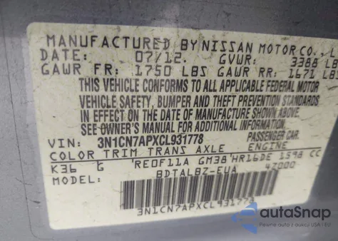 2012 Nissan Versa 1.6 Sv z USA, uszkodzony, nr VIN 3N1CN7APXCL931778